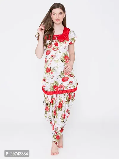 Floral Print Satin Short Sleeve Top and Long Leg Dhoti Set - Red (Size - Free )-thumb0