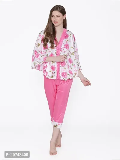 Floral Print Satin Kaftan and Capri Set - Pink (Size - Free )-thumb0