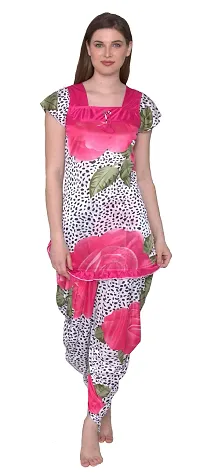 Floral Print Satin Short Sleeve Top and Long Leg Dhoti Set - Pink (Size - Free )-thumb2