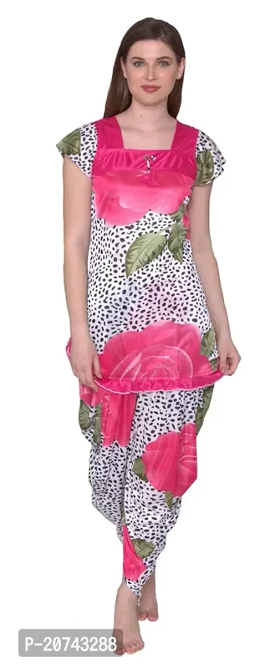 Floral Print Satin Short Sleeve Top and Long Leg Dhoti Set - Pink (Size - Free )-thumb3