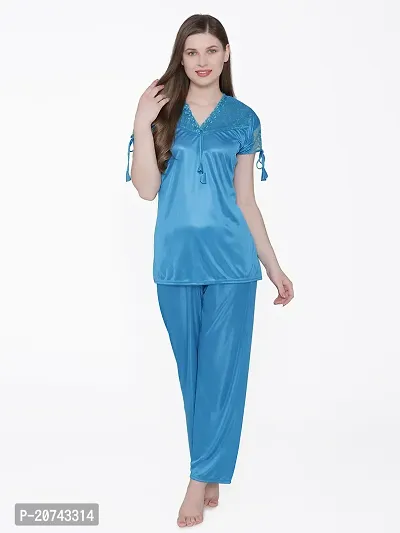 Silky Satin Top And Pyjama Set - Blue (Size - Free )