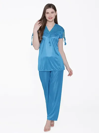 Silky Satin Top And Pyjama Set - (Size - Free )