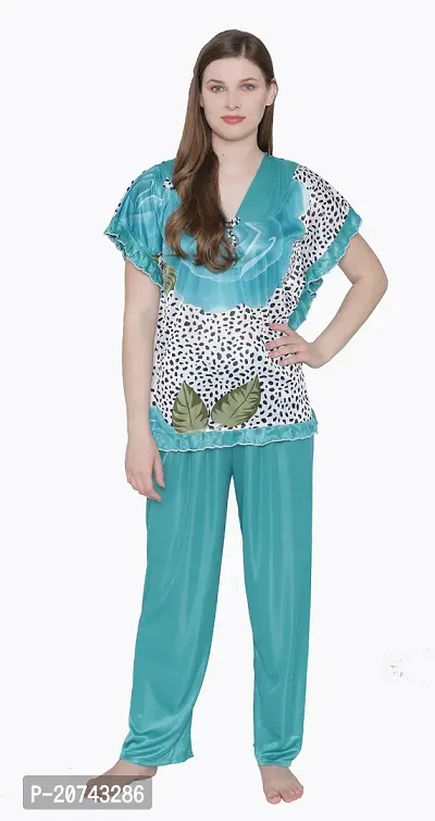 Floral Print Satin Top and Long Leg Pyjama Set - Light Blue (Size - Free )-thumb0