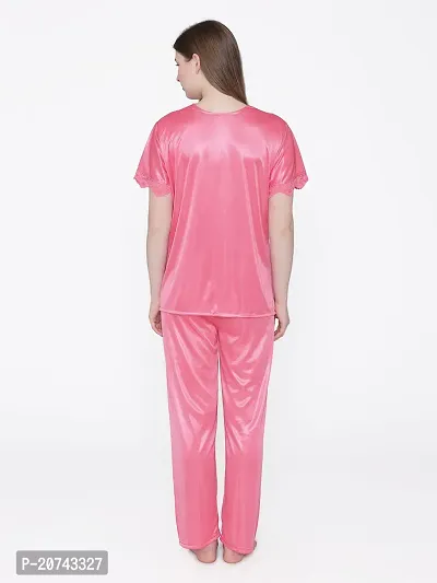 Silky Satin Top And Pyjama Set - Pink (Size - Free )-thumb5