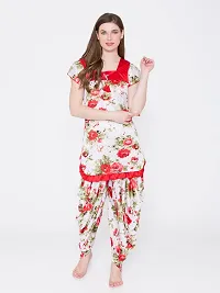 Floral Print Satin Short Sleeve Top and Long Leg Dhoti Set - Red (Size - Free )-thumb1