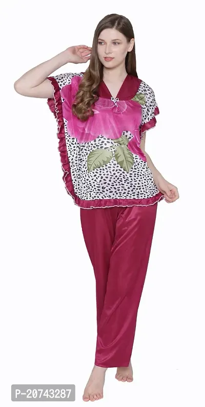 Floral Print Satin Top and Long Leg Pyjama Set - Maroon (Size - Free )-thumb0