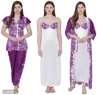 Floral Print Satin Nighty, Robe, Shirt And Pyjama Set - Purple (Size - Free )-thumb5