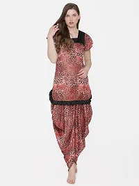 Leopard Print Satin Short Sleeve Top and Long Leg Dhoti Set - Red (Size - Free )-thumb4