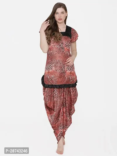 Leopard Print Satin Short Sleeve Top and Long Leg Dhoti Set - Red (Size - Free )-thumb5