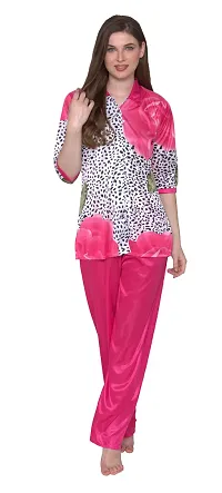 Printed Satin Button Up Shirt and Long Leg Pyjama Set/Night Suit Set For Women