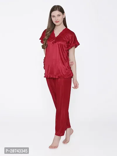 Silky Satin Top And Pyjama Set - Maroon (Size - Free )-thumb4