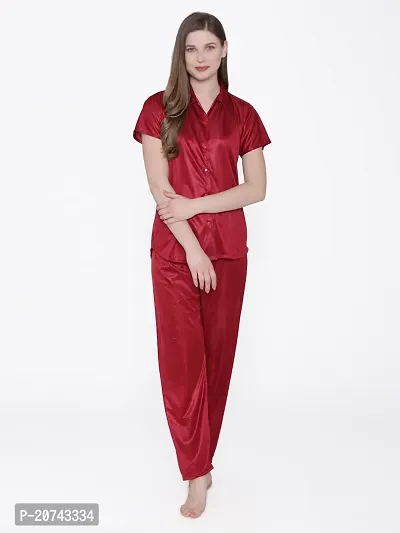 Silky Satin Top And Pyjama Set - Maroon (Size - Free )-thumb0