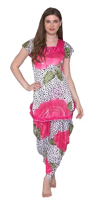 Floral Print Satin Short Sleeve Top and Long Leg Dhoti Set - Pink (Size - Free )-thumb3