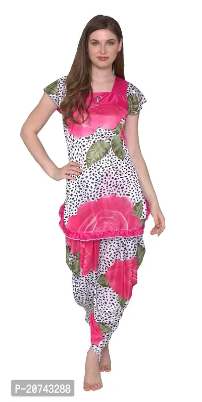 Floral Print Satin Short Sleeve Top and Long Leg Dhoti Set - Pink (Size - Free )-thumb4