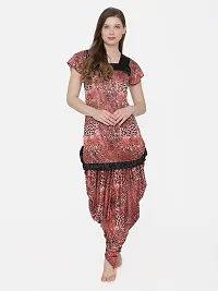 Leopard Print Satin Short Sleeve Top and Long Leg Dhoti Set - Red (Size - Free )-thumb2