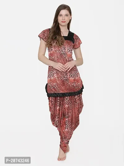 Leopard Print Satin Short Sleeve Top and Long Leg Dhoti Set - Red (Size - Free )-thumb3