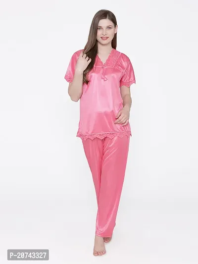 Silky Satin Top And Pyjama Set - Pink (Size - Free )