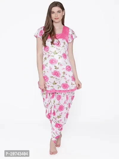 Floral Print Satin Short Sleeve Top and Long Leg Dhoti Set - Pink (Size - Free )-thumb0
