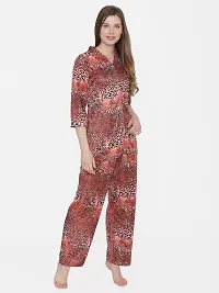 Leopard Print Satin Button Up Shirt and Long Leg Pyjama Set - Red (Size - Free )-thumb3