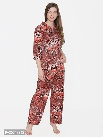 Leopard Print Satin Button Up Shirt and Long Leg Pyjama Set - Red (Size - Free )-thumb4