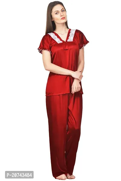 Silky Satin Top And Pyjama Set - Maroon (Size - Free )-thumb0