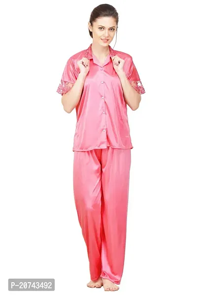 Silky Satin Top And Pyjama Set - Pink (Size - Free )-thumb0