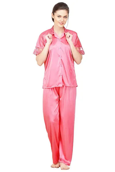 Premium Solid Satin Night Suit Set/Nightsuit For Women/Shirt Bottom Set