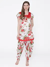 Floral Print Satin Short Sleeve Top and Long Leg Dhoti Set - Red (Size - Free )-thumb3