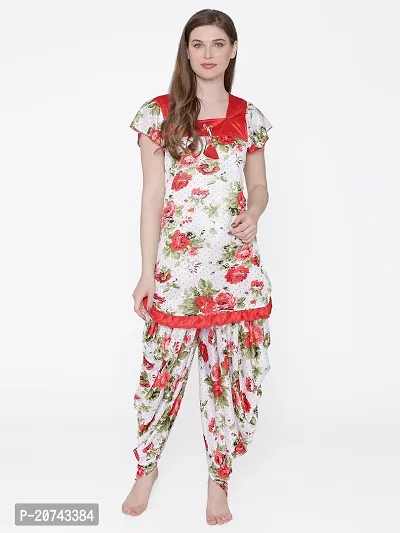 Floral Print Satin Short Sleeve Top and Long Leg Dhoti Set - Red (Size - Free )-thumb4