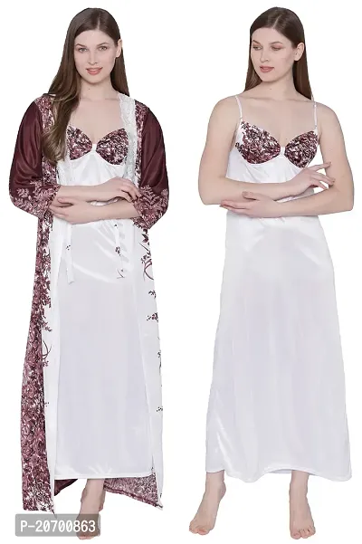 Floral Print Satin Nighty and Robe Set - Brown (Size - Free )