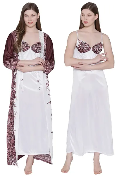 Floral Print Satin Nighty and Robe Set - (Size - Free )