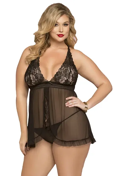 Sheer Mesh Babydoll with G-String - (Size - Free)