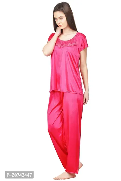 Silky Satin Top And Pyjama Set - Pink (Size - Free )-thumb3