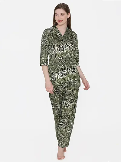 Leopard Print Satin Button Up Shirt and Long Leg Pyjama Set - (Size - Free )