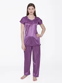 Silky Satin Top And Pyjama Set - Purple (Size - Free )-thumb1