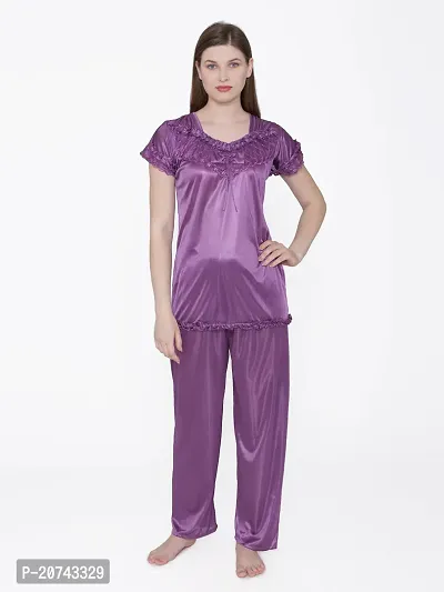 Silky Satin Top And Pyjama Set - Purple (Size - Free )-thumb2