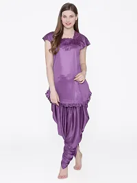 Silky Satin Top And Pyjama Set - Purple (Size - Free )-thumb1