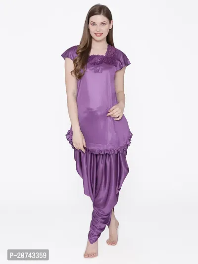 Silky Satin Top And Pyjama Set - Purple (Size - Free )-thumb2