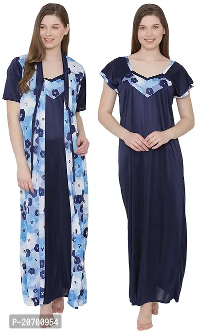 Floral Print Satin Nighty and Robe Set - Multicolor (Size - Free )-thumb0