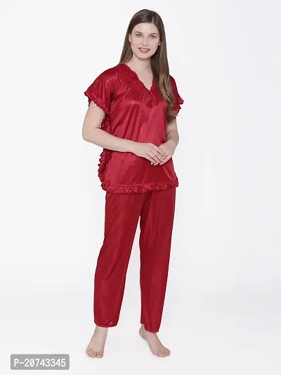 Silky Satin Top And Pyjama Set - Maroon (Size - Free )-thumb3