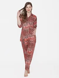 Leopard Print Satin Button Up Shirt and Long Leg Pyjama Set - Red (Size - Free )-thumb4