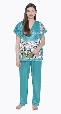 Floral Print Satin Top and Long Leg Pyjama Set - Light Blue (Size - Free )-thumb2