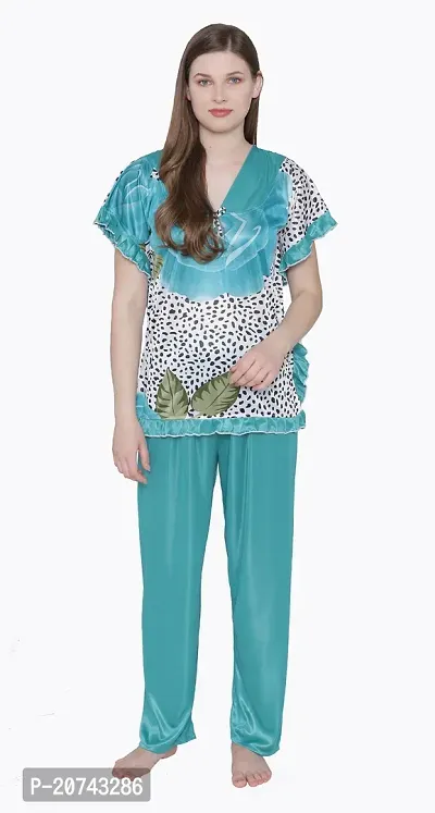 Floral Print Satin Top and Long Leg Pyjama Set - Light Blue (Size - Free )-thumb3