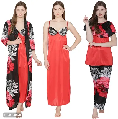 Floral Print Satin Nighty, Robe, Top And Pyjama Set - Red (Size - Free )