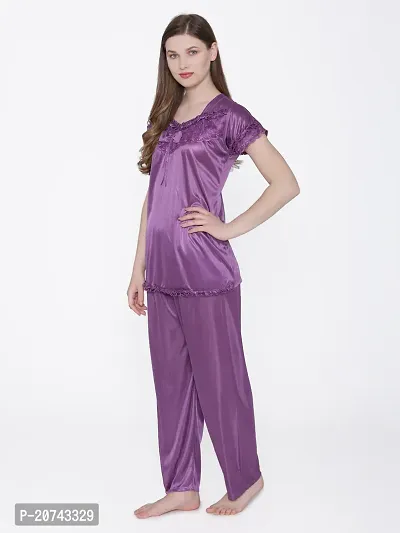 Silky Satin Top And Pyjama Set - Purple (Size - Free )-thumb4