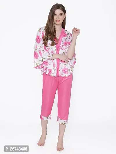 Floral Print Satin Kaftan and Capri Set - Pink (Size - Free )-thumb3