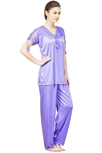 Silky Satin Top And Pyjama Set - Blue (Size - Free )-thumb1