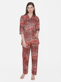 Leopard Print Satin Button Up Shirt and Long Leg Pyjama Set - Red (Size - Free )-thumb2