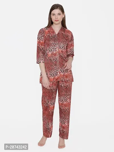 Leopard Print Satin Button Up Shirt and Long Leg Pyjama Set - Red (Size - Free )-thumb3