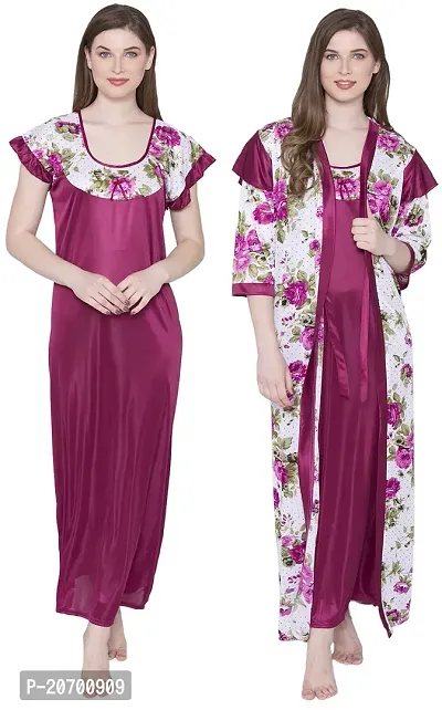 Floral Print Satin Nighty and Robe Set - Maroon (Size - Free )